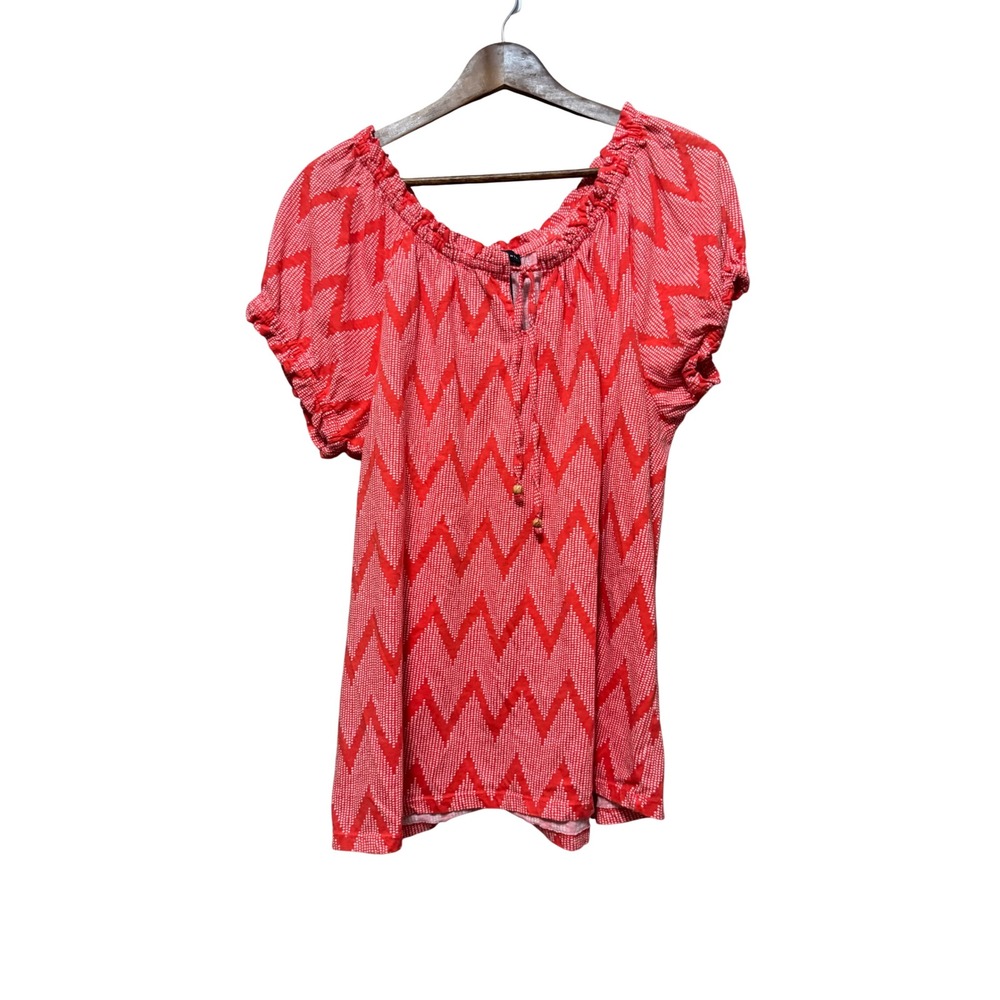 Grace Elements Blouse Womens XXL Coral Red Excellent Chevron Short Sleeve Tie